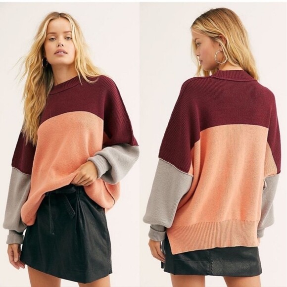Free People East Street peach combo colorblock oversized knit sweater top - Picture 1 of 8